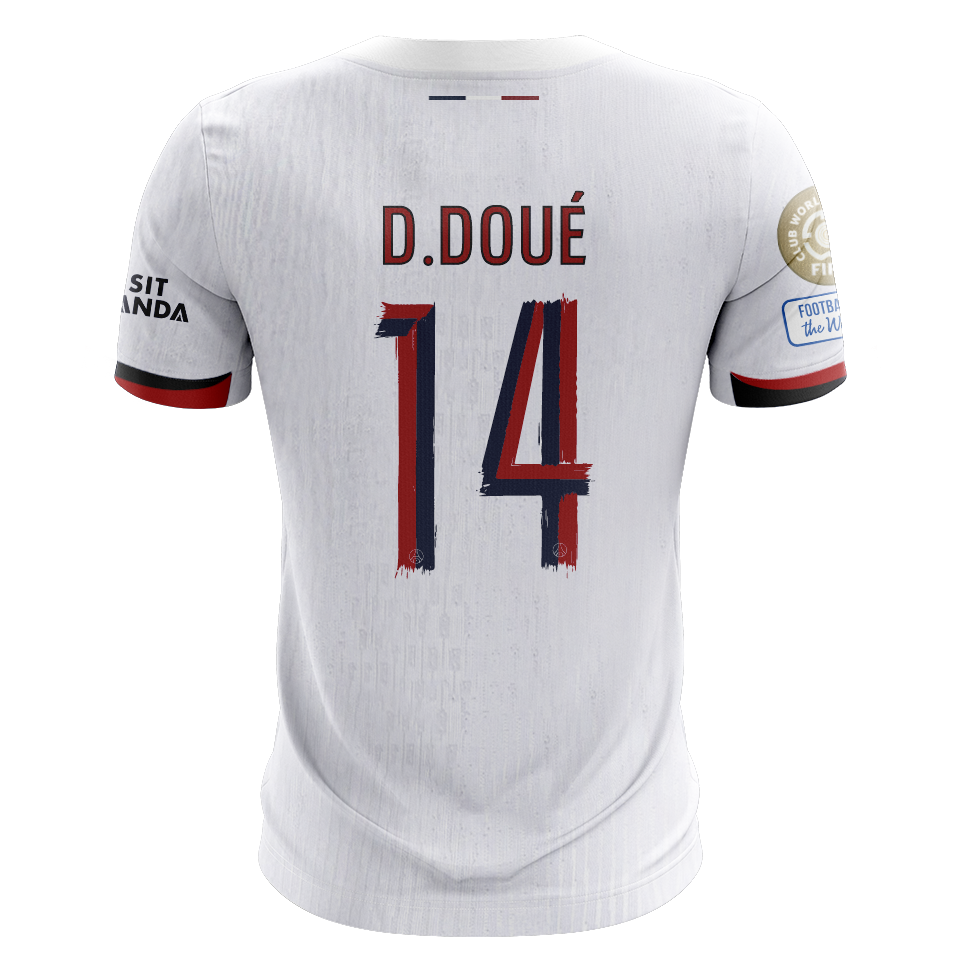 Camisola FC Paris Saint-Germain 2025-26 Alternativa Branca CWC Versão Adepto D. DOUÉ #14