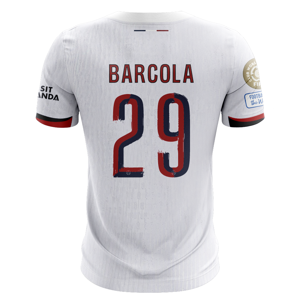 Camisola FC Paris Saint-Germain 2025-26 Alternativa Branca CWC Versão Adepto BARCOLA #29