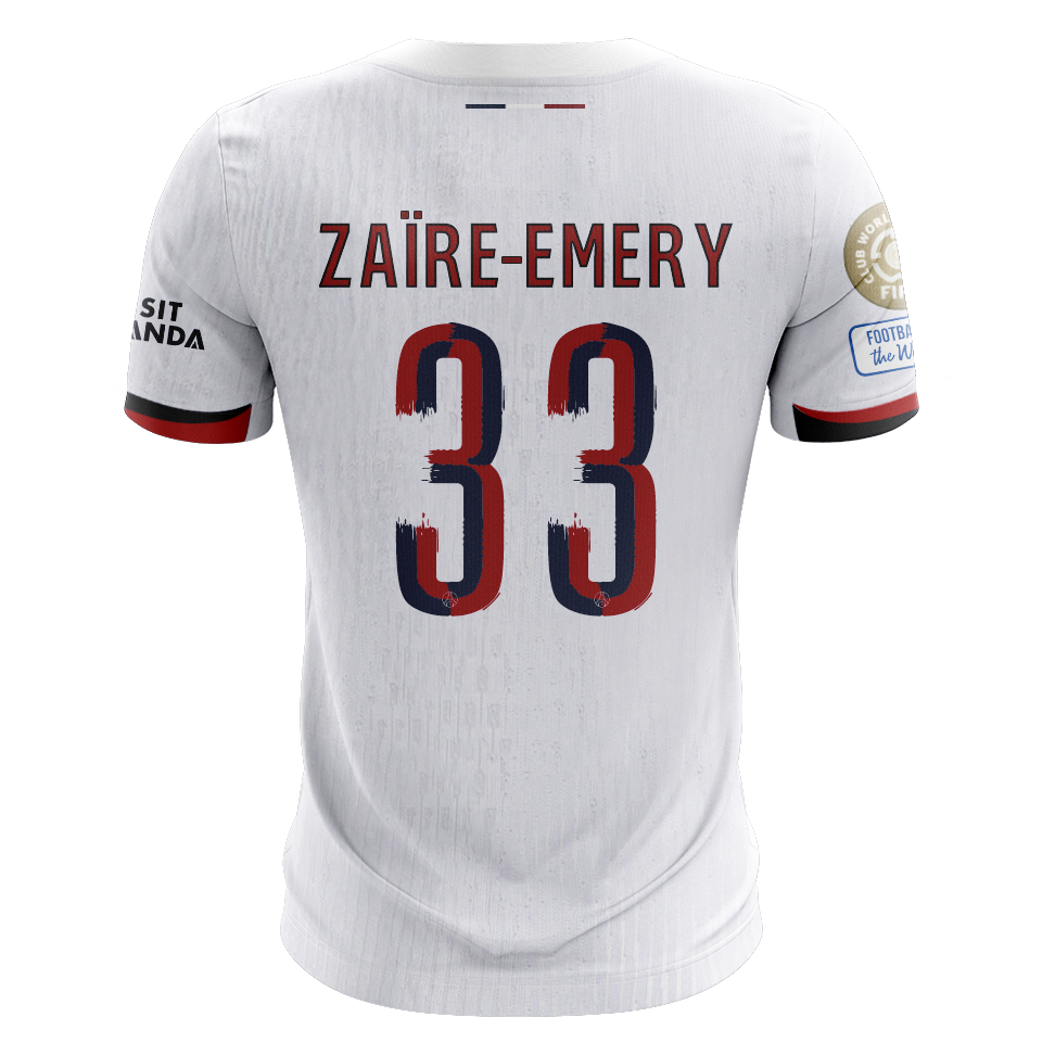 Camisola FC Paris Saint-Germain 2025-26 Alternativa Branca CWC Versão Adepto ZAIRE-EMERY #33