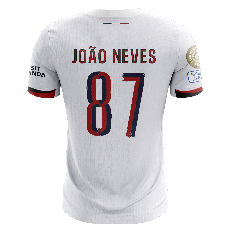 Camisola FC Paris Saint-Germain 2025-26 Alternativa Branca CWC Versão Adepto JOÃO NEVES #87