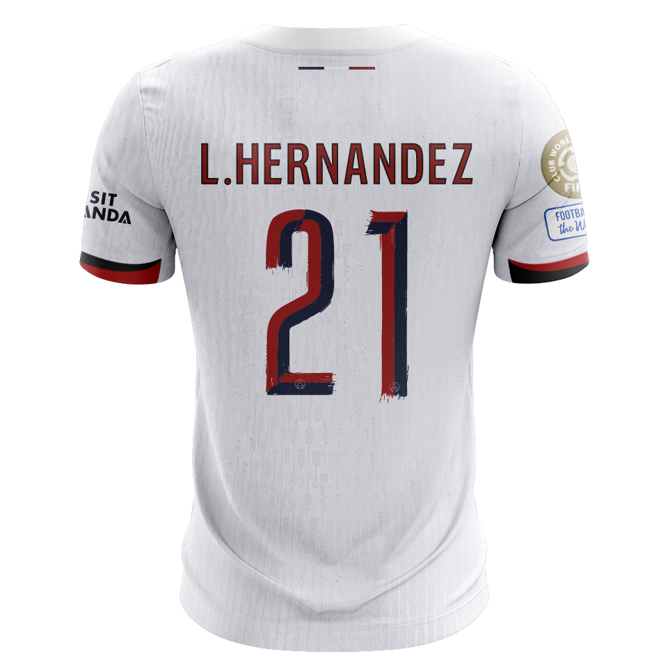 Camisola FC Paris Saint-Germain 2025-26 Alternativa Branca CWC Versão Adepto L. HERNANDEZ #21