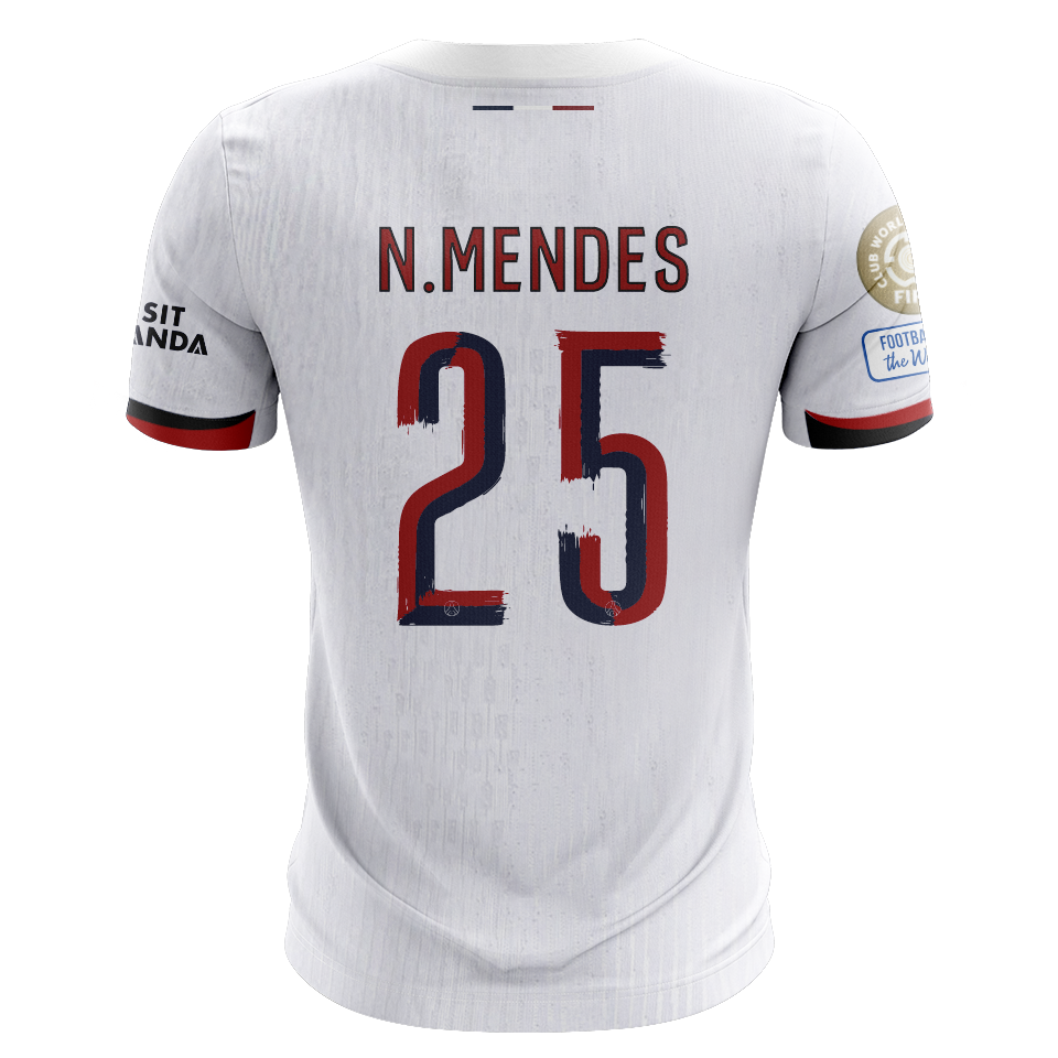 Camisola FC Paris Saint-Germain 2025-26 Alternativa Branca CWC Versão Adepto N.MENDES #25