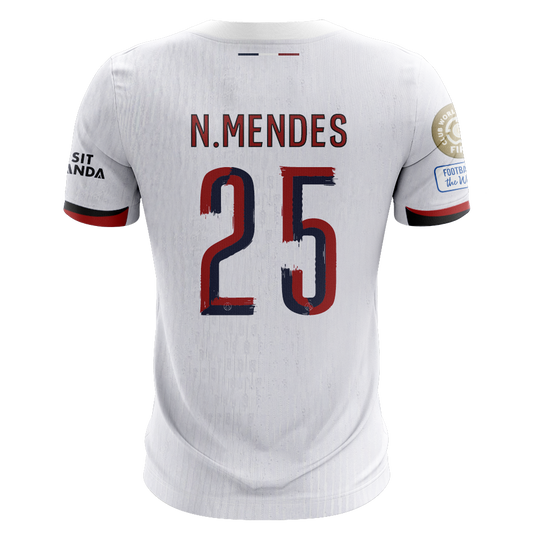 Camisola FC Paris Saint-Germain 2025-26 Alternativa Branca CWC Versão Adepto N.MENDES #25