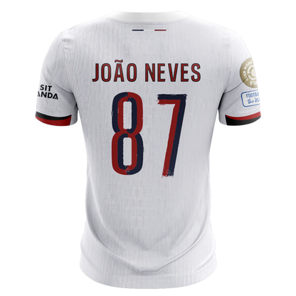Camisola FC Paris Saint-Germain 2025-26 Alternativa Branca CWC Versão Adepto JOÃO NEVES #87