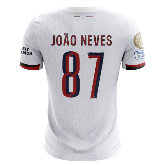 Camisola FC Paris Saint-Germain 2025-26 Alternativa Branca CWC Versão Adepto JOÃO NEVES #87